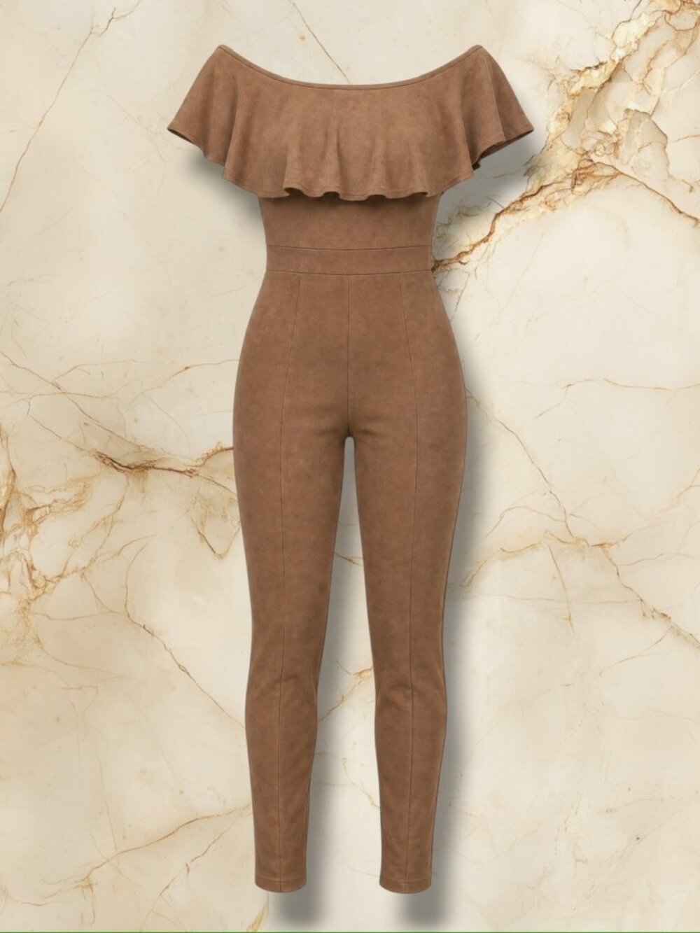 Privy Tan Faux Suede Off The Shoulder Wide Ruffle Jumpsuit S PJ1268B
